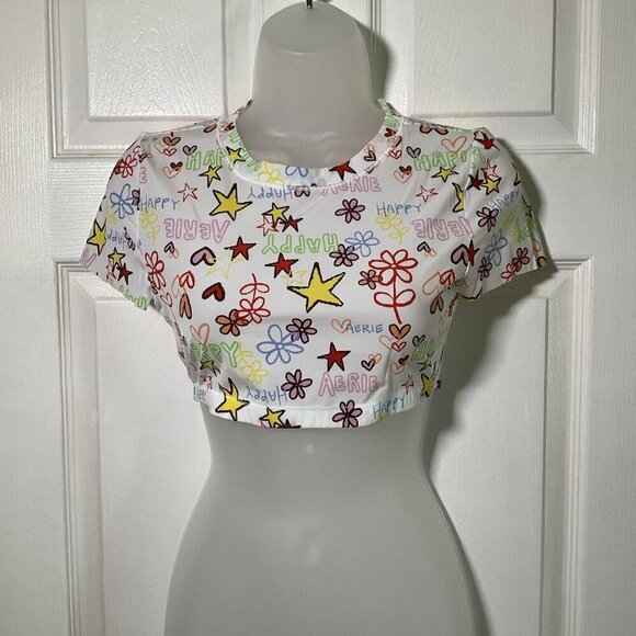NWT Aerie Stretch Crop Top Happy Floral Hearts Summer Lightweight Festival Beach - Picture 1 of 11